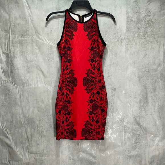 B. DARLIN Juniors' Red High-Neck Sleeveless Floral Bodycon Mini Dress SZ 0 - Picture 2 of 7